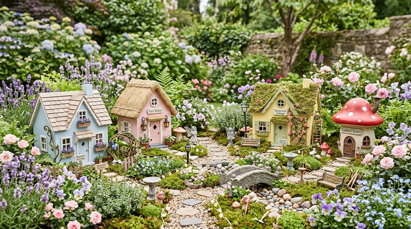 Use water birdbaths or tiny ponds where the layout allows inspiration for a fairy garden.